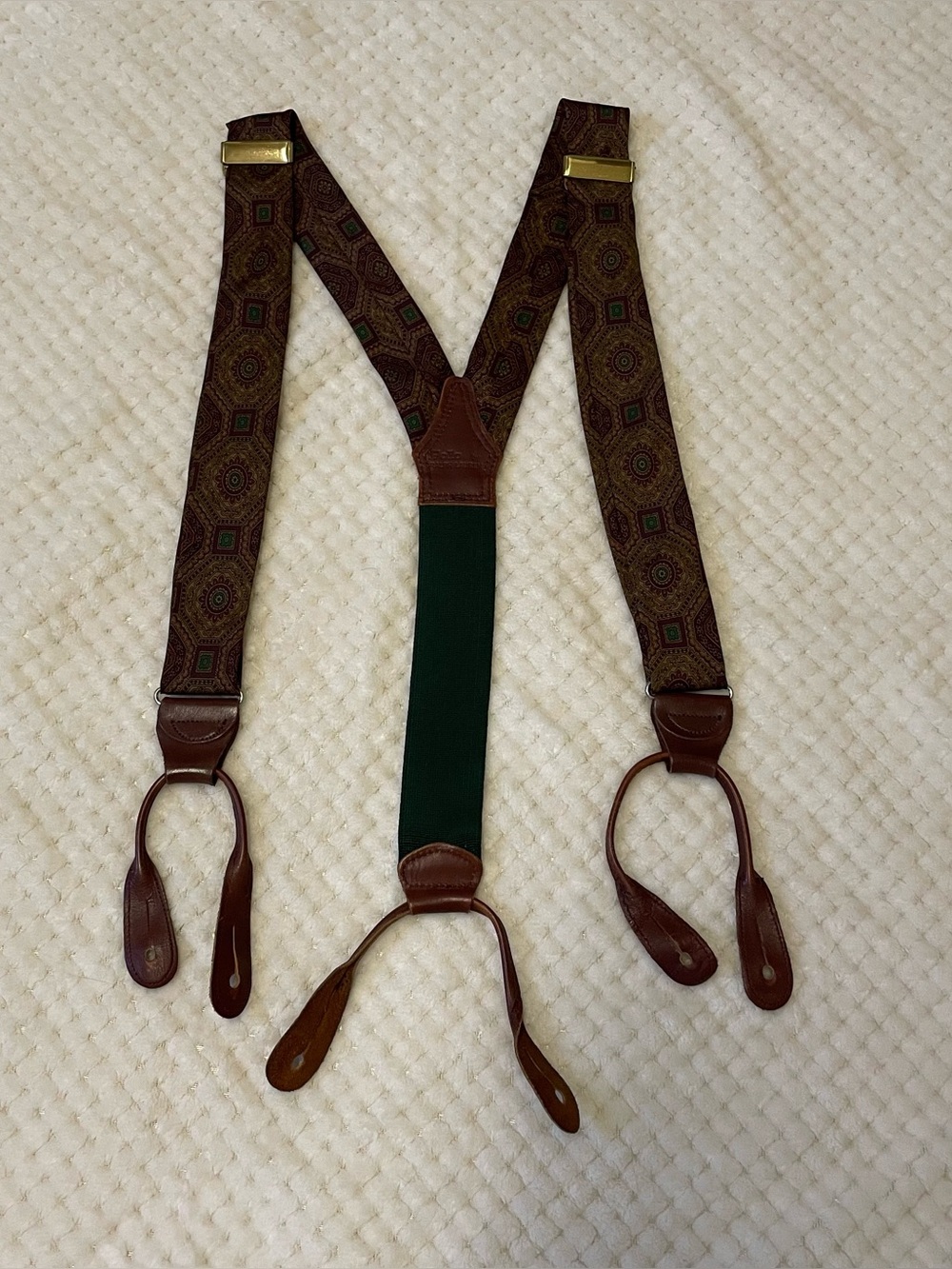 Polo Ralph Lauren Brown Patterned Leather-Trim Suspenders with Green Back Panel